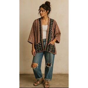 Veranda Wear Mixed Media Open Front Cardigan Boho Artisan Tribal Ikat Patchwork
